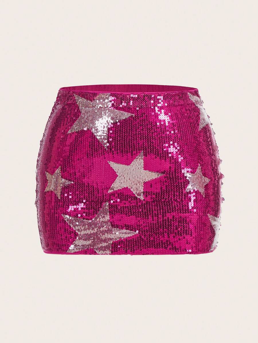 SHEIN ICON 大碼星星圖案亮片包臀半身裙 - 玫紅色 - 查看 1