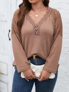 SHEIN LUNE Plus Contrast Lace Raglan Sleeve Tee - Brown - View 4
