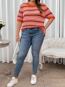 SHEIN Franclia 休閒條紋大碼針織上衣 - 橘色 - 查看 6