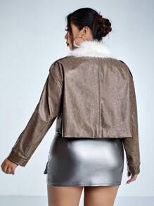 SHEIN ICON 大碼羊絨領口毛茸邊PU皮革機車夾克 - 淺灰色 - 查看 7