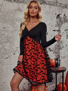 SHEIN Clasi 萬聖印花胸部褶皺網紗拼接洋裝 - 彩色 - 查看 5