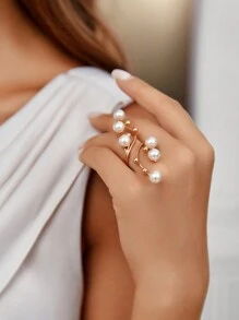 SHEIN Belle Anillo de perlas falsas - Amarillo Oro - Ver 5