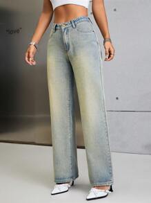 SHEIN EZwear 中腰直筒牛仔褲 - 淺色水洗藍 - 查看 3