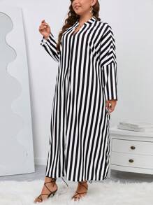 EMERY ROSE Plus Striped Print Notch Neck Dress - Black and White - View 4