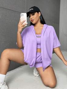 SHEIN EZwear 大碼字母圖案拉鏈開襟連帽夾克&背心上衣&短褲 - 紫色 - 查看 6