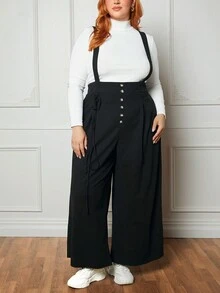 SHEIN CURVE+ Plus Button Front Belted Overall Jumpsuit Without Tee - Black - View 3