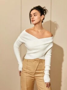 女士露肩长袖毛衣，性感露背上衣，适合春夏季 - 白色 - 查看 6