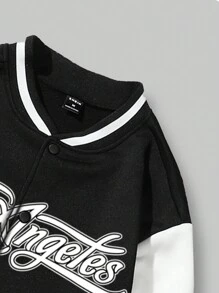 ROMWE MEN Prep Men Letter Graphic Two Tone Striped Trim Varsity Jacket - Black and White - View 7