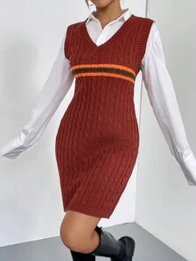 SHEIN Qutie Striped Pattern Cable Knit Sweater Dress Without Blouse - Burgundy - View 3