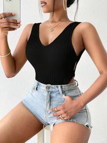 BamGleam Cut Out Side High Cut Tank Bodysuit - Black - View 3