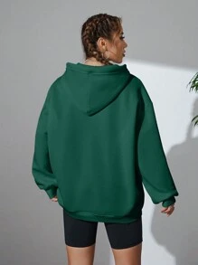 SHEIN EZwear 素色抽繩落肩袖連帽衫 - 墨綠色 - 查看 2