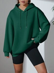 SHEIN EZwear 素色抽繩落肩袖連帽衫 - 墨綠色 - 查看 4