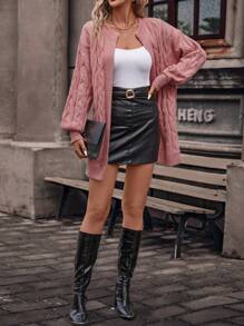 SHEIN Clasi Áo khoác cardigan thả vai dệt kim cáp - Hồng - Xem 6