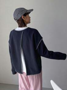 FRIFUL Top-Stitching Split Back Drop Shoulder Sweatshirt Without Tee,Fall Clothes - Navy Blue - View 6