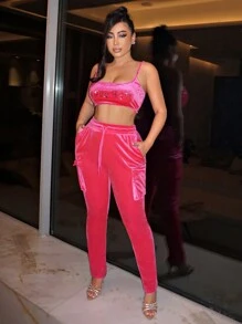 SHEIN SXY Rhinestone Chi tiết Cắt chóp Cami & Quần - Màu Hồng Tươi - Xem 4