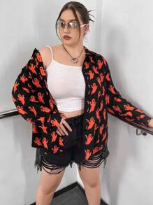 Flirla 大碼萬聖節滿版印花前紐扣襯衫 - 黑色 - 查看 1