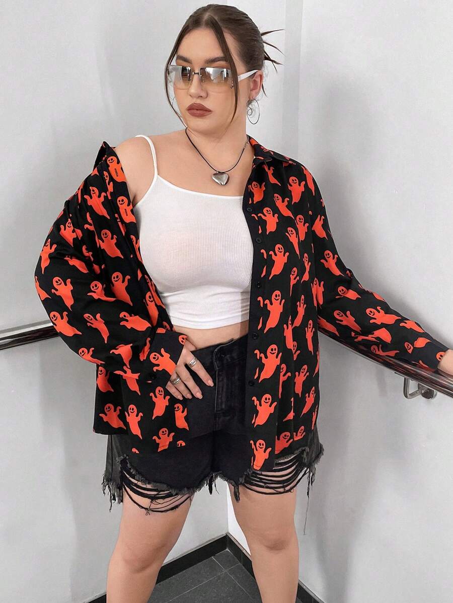 Flirla 大碼萬聖節滿版印花前紐扣襯衫 - 黑色 - 查看 1