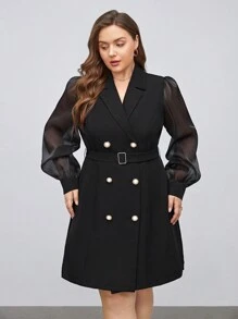 BizChic Damenanzug Jacke Und Kleid Mit Doppelreihigem Gürtel In Plus-größe, Schwarz Mit Mesh-einsatz Und Ballonärmel - Schwarz - Übersicht 8