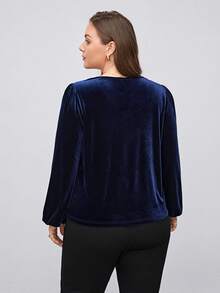 BizChic Plus V Neck Lantern Sleeve Velvet Tee - Navy Blue - View 2