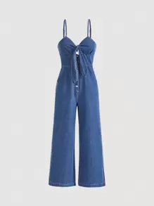 SHEIN MOD Tie Front Cami Denim Jumpsuit - Medium Wash - View 1
