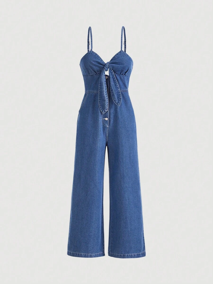 SHEIN MOD Tie Front Cami Denim Jumpsuit - Medium Wash - View 1