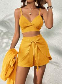 SHEIN VCAY Solid Cami Top & Tie Front Shorts & Drop Shoulder Blouse - Yellow - View 5