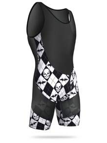 Men Checker & Bat Print Contrast Mesh One Piece Loungewear, Halloween - Black and White - View 3