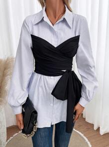 Chiquease Striped Print Knot Side 2 In 1 Shirt - Black and White - View 2