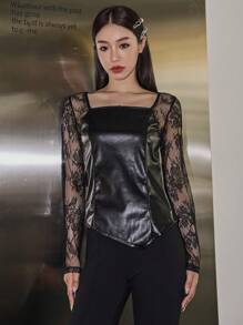 DAZY Contrast Lace Square Neck PU Leather Top Sheer Long Sleeve Women Tops - Black - View 3