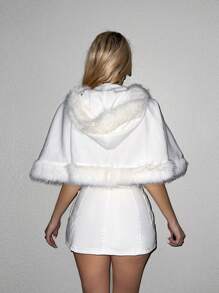 Sweetina Fuzzy Trim Hooded Cape Coat - White - View 2