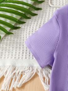 SHEIN Tween Girl Ribbed Knit Scoop Neck Bodysuit - Purple - View 5