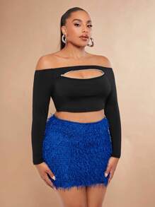 SHEIN BAE 大碼毛茸茸包臀半身裙 - 寶藍色 - 查看 1