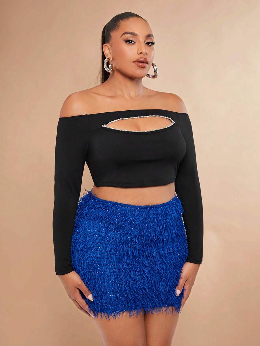 SHEIN BAE 大碼毛茸茸包臀半身裙 - 寶藍色 - 查看 1