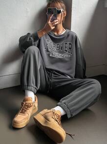 DAZY Letter Graphic Drop Shoulder Sweatshirt & Sweatpants - Grey - View 4