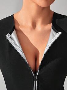 Top-stitching Round Neck Sports Tee - Black - View 6