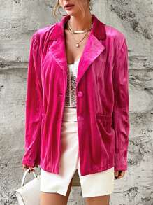 SHEIN Privé Lapel Neck Single Breasted Velvet Blazer - Hot Pink - View 3