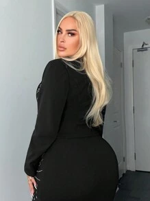 SHEIN SXY Plus Rhinestone Detail Crop Blazer - Black - View 3