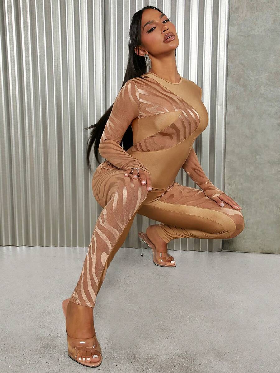 SHEIN SXY Sheer Mesh Insert Unitard Jumpsuit - Brun - Visa 1