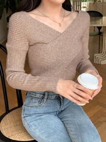 DAZY Solid V Neck Ribbed Knit Sweater,Fall Clothes - Khaki - View 5