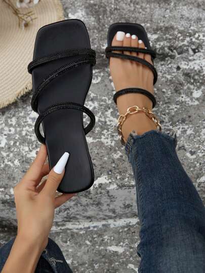 Women's Fashion Rhinestone Embellished Strap Flat Sandals, Versatile For Beach, Casual Outing, Party, Business Commute