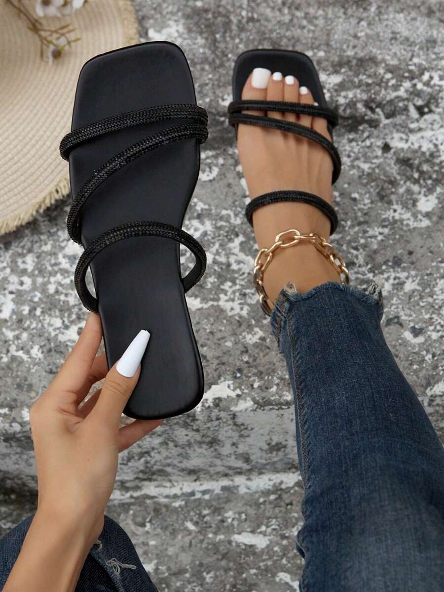 Women's Fashion Rhinestone Embellished Strap Flat Sandals, Versatile For Beach, Casual Outing, Party, Business Commute,Spring Summer Outfits