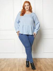 SHEIN CURVE+ Plus Striped Print Ruffle Hem Blouse - Blue - View 6