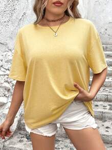 SHEIN Essnce Plus Slogan Graphic Drop Shoulder Tee - Yellow - View 4