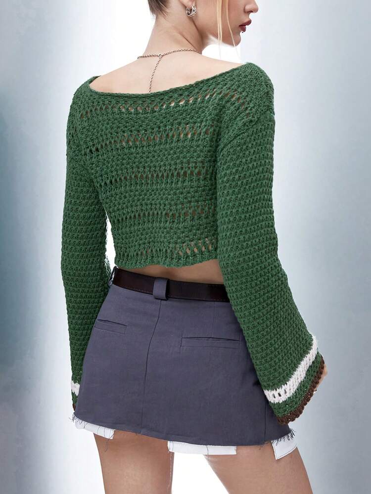 Striped Pattern Pointelle Knit Crop Knit Pullover Fall Winter Sweater