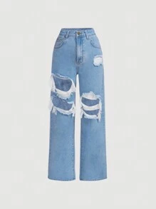 SHEIN Jeans rectos para niñas adolescentes con efecto desgastado, adecuados para uso diario casual de verano - Lavado ligero - Ver 1
