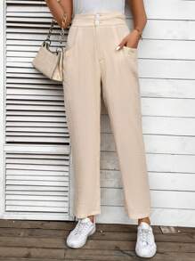 SHEIN Frenchy Quần ống đứng có túi xéo trơn - Màu be - Xem 4