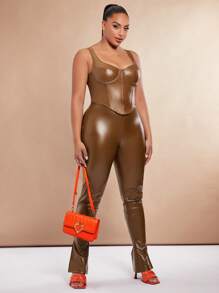 SHEIN BAE Plus Seam Front PU Leather Wide Strap Top - Brown - View 6