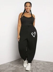 SHEIN CURVE+ Hơn In Trái tim Eo dây rút Quần thể thao - màu đen - Xem 5