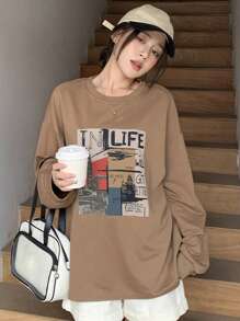 DAZY 字母圖案落肩袖超大號T恤 - 卡其色 - 查看 9