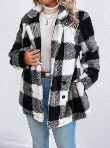 SHEIN LUNE Plus Buffalo Plaid Pattern Double Breasted Teddy Coat, For Winter - Black - View 5